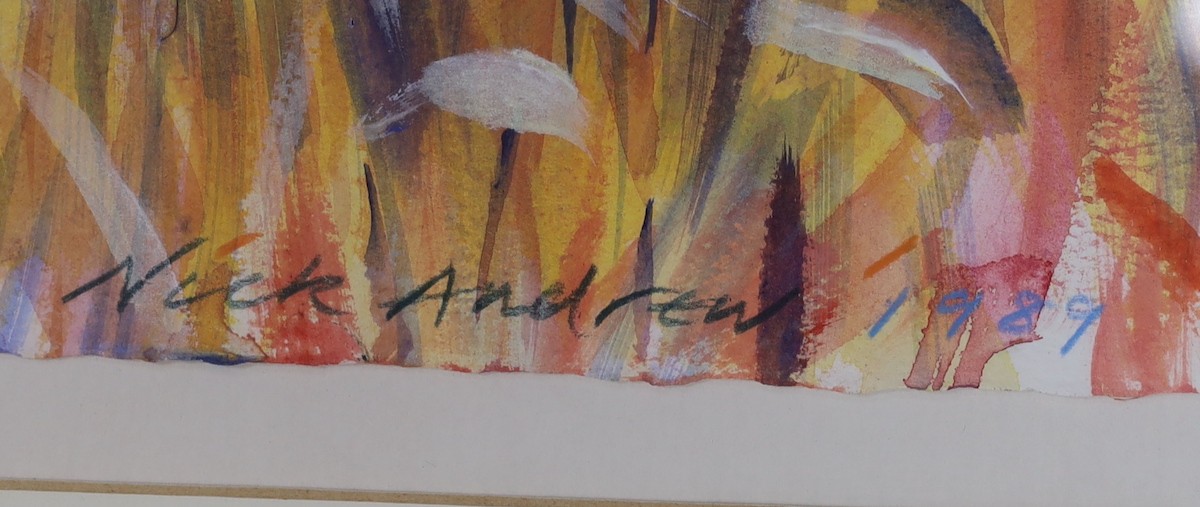 Nick Andrew (b.1957), acrylic on paper, 'Cornfield Font Hill', signed and dated 1989, Unicorn Gallery label verso, 57 x 57cm